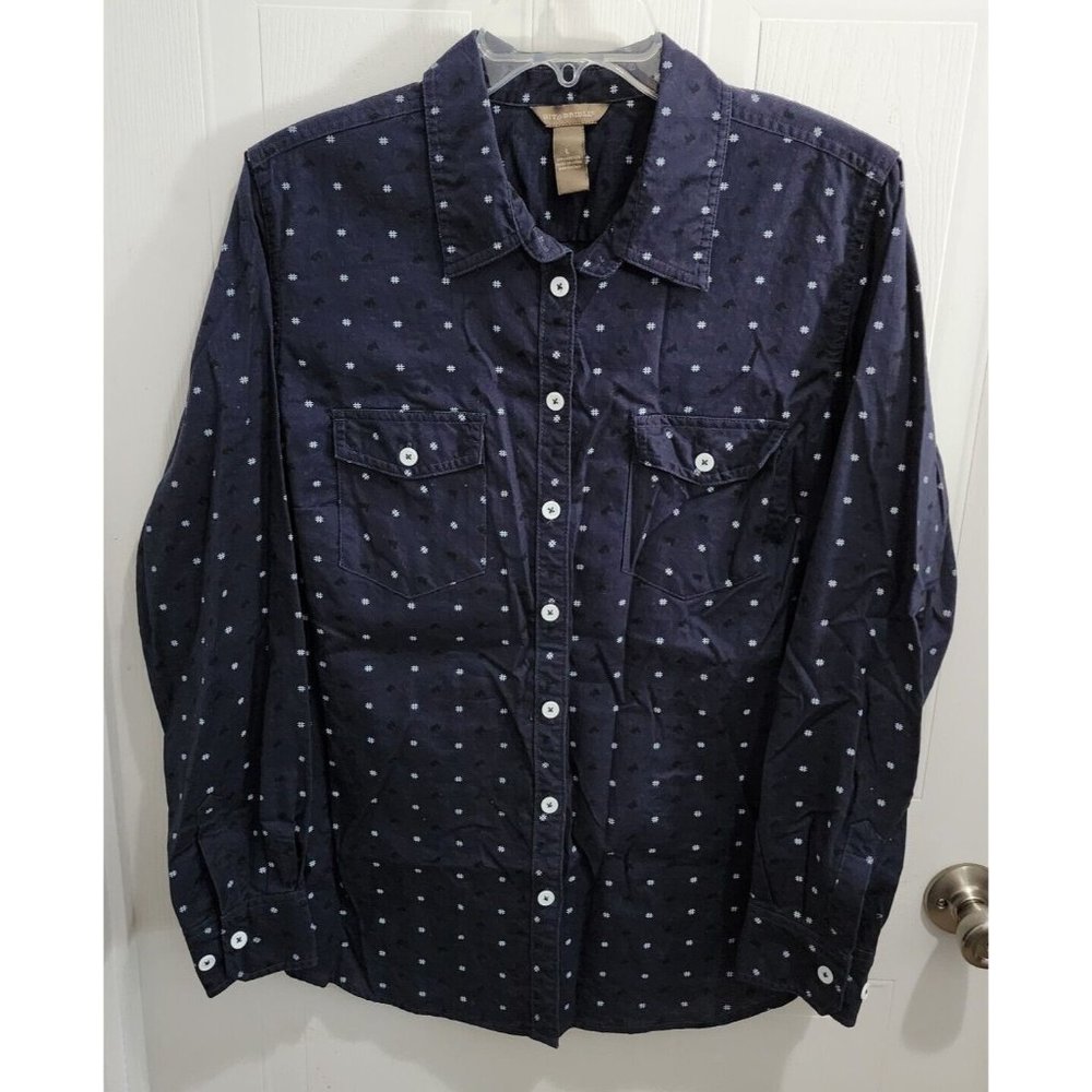 Bit & Bridle Women's Long Sleeve‎ Button Up Shirt Navy Blue Horse Pattern Size L